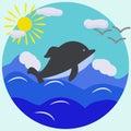 Vector abstract illustration of a dolphin, sea, sun, clouds in a circle.