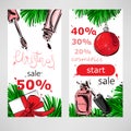 Vector abstract illustration with fir branches, Christmas ball, gifts, nail polish and lip gloss Royalty Free Stock Photo