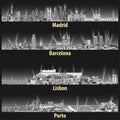 Vector abstract illustration of Madrid, Barcelona, Lisbon and Porto cities skylines at night in grey tints color palette