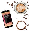 Vector abstract illustration with mobile phone, cup of coffee, and coffee beans