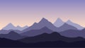 Vector abstract illustration of a multi-layered mountain landscape under a purple morning or evening sky with a rising or setting Royalty Free Stock Photo