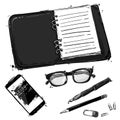 Vector abstract illustration with a notebook, glasses for sight, pen, pencil, stick, mobile phone and round pocket watch