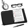 Vector abstract illustration with notebook, glasses for sight, pen and round pocket watch