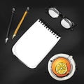 Vector abstract illustration with a notebook, glasses for sight, pencil and a mug of tea