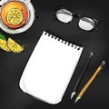 Vector abstract illustration with a notebook, glasses for sight, pencil and a mug of tea