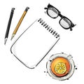 Vector abstract illustration with a notebook, glasses for sight, pencil and a mug of tea