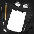 Vector abstract illustration with a notebook, glasses for sight, pencil, pen, eraser and paper clips