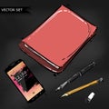Vector abstract illustration with notebook, pencil, pen, stick and mobile phone
