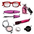 Vector abstract illustration with sunglasses, mascara, lip gloss, nail polish, powder