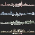 Vector abstract illustration of Vienna, Prague, Budapest and Warsaw cities skylines at night in bright color palettes isolated on