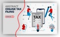 Vector abstract illustration .website banner design in white. themed online tax filing.  man holding a pencil to fill out tax form Royalty Free Stock Photo