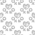 Vector abstract male and female gender signs and hearts pattern. Hand drawn sexual identity symbols seamless texture. Royalty Free Stock Photo