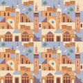 Vector abstract Middle Eastern town flat illustration. Seamless architecture pattern. Geometric Morocco digital paper with mosque