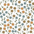Vector Abstract Orange Yellow Blue Flowers with Green Leaves on White Background Seamless Repeat Pattern. Vector Royalty Free Stock Photo