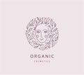 Vector abstract organic, eco, natural care line logo. Woman face with leaves and flowers around, feminine Royalty Free Stock Photo