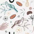 Vector abstract pastel summer time seamless pattern. Cute illustration with toucan, palm leaves, flowers, pineapple and papaya