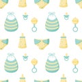 Vector abstract seamless background with rattle, bottle, pacifier, bib, diaper. Colorful endless pattern. Great for kids design