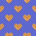 Vector Abstract seamless blue pattern with black fishnet tights and gold glitter heart. Royalty Free Stock Photo