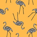 Vector abstract seamless pattern with gentle colorful flamingos on orange background. Good for packages, wrapping, fabric or