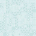 Vector abstract seamless pattern with geometric shapes on the striped background. Memphis style.