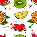 Vector abstract seamless pattern with kiwi, watermelon, orange