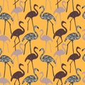 Vector abstract seamless pattern with lots of gentle colorful flamingos on orange background. Good for packages, wrapping, fabric