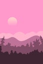 Vector abstract simple landscape backdrop, poster in pink tones. Sunset, sunrise on background of silhouette of forest, trees, Royalty Free Stock Photo