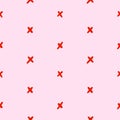 Vector abstract simple seamless pattern. Repeating pink background with red crosses in hand drawn style. Royalty Free Stock Photo