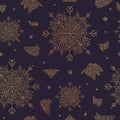 Vector abstract snowflake artdeco seamless pattern, christmas golden background. New yea