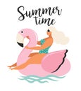 Vector abstract summer time illustration card with girl swimming on pink flamingo float circle in ocean waves with calligraphy. Su