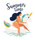 Vector abstract summer time illustration card with girl swimming on rainbow unicorn float circle in ocean waves with calligraphy.