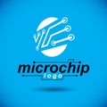 Vector abstract technology circuit board. High tech digital scheme of electronic device. Technology microchip logo.