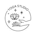 Vector abstract trendy linear logo with hand holding lotus flower and stars. Yoga emblem, label or icon isolated on white