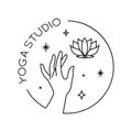 Vector abstract trendy linear logo with hand holding lotus flower and stars. Yoga emblem, label or icon isolated on white