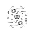 Vector abstract trendy linear logo with hands holding lotus flower and stars. Yoga emblem, label or icon isolated on white Royalty Free Stock Photo