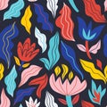 Vector abstract tropical flowers and plants in bright colors.  Vector seamless pattern. Funny design for fabric, wallpaper Royalty Free Stock Photo