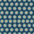 Vector Abstract Turquoise Blue Orange Gold Flowers on Blue Background Seamless Repeat Pattern. Background for textiles Royalty Free Stock Photo