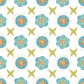 Vector Abstract Turquoise Blue Teal Green Orange Gold Flowers with Green Leaves on White Background Seamless Repeat Royalty Free Stock Photo