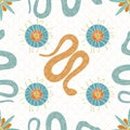 Vector Abstract Turquoise Blue Teal Green Orange Gold Flowers and Snakes on White Background Seamless Repeat Pattern Royalty Free Stock Photo