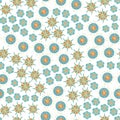 Vector Abstract Turquoise Blue Teal Green Orange Gold Flowers on White Background Seamless Repeat Pattern. Background Royalty Free Stock Photo