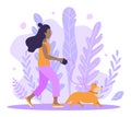 Vector abstract violet background and afro black girl walking with dog corgi. Spring illustration for creating a romantic mood.