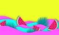 Vector abstract wavy summer paper cut background with watermelons and palm leaves. Realistic 3d paper decoration