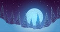 Vector abstract winter panorama landscape. Pine trees in snow forest at starry night with full moon Royalty Free Stock Photo