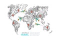 Vector abstract world map with pins and flying airplanes. Travel around the world and tourism creative concept. Royalty Free Stock Photo