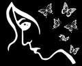 vector abstraction, logo, face of a girl and butterflies on a black background, minimalism