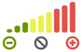 Volume level bars scale icon. Green to red colours, with minus for decrease, plus for increase and crossed circle for mute signs. Royalty Free Stock Photo