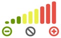 Volume level bars scale icon. Green to red colours, with minus for decrease, plus for increase and crossed circle for mute signs.