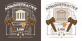 Vector administrative law illustration. Visualization with hammer, courthouse and justice scale. Authority and government symbol.
