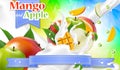 Vector ads 3d promotion banner. Realistic apple mango splashing Royalty Free Stock Photo