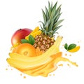 Vector ads 3d promotion banner, Realistic mango, orange, banana, pineapple splashing with falling slices, juice Royalty Free Stock Photo